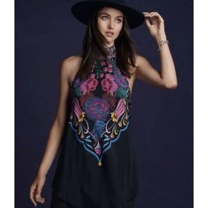 Jade‎ Johnny Was Silk Halter Top Devi Tropical Floral Black Boho Resort Sz Small